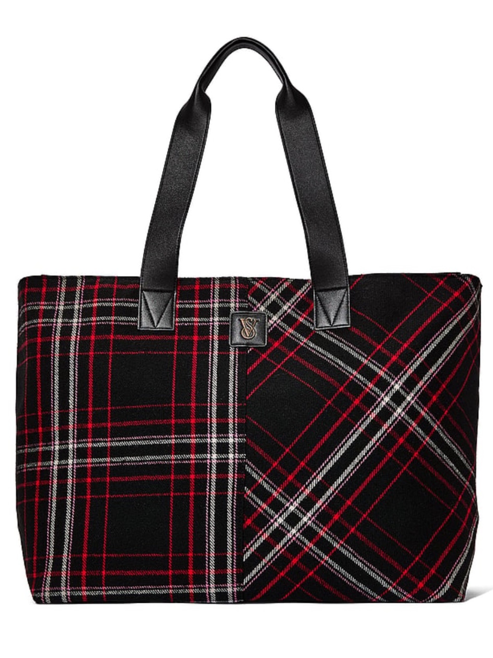 Victoria’s Secret Plaid Black and Red Tote Bag with Leather Handles